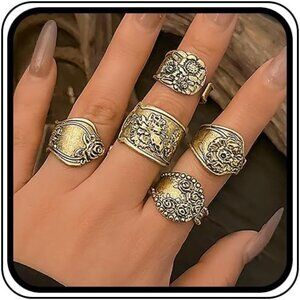 Vintage Boho Stacked Spoon Rings Set for Women Chunky Punk 14K Gold Flowers Carv